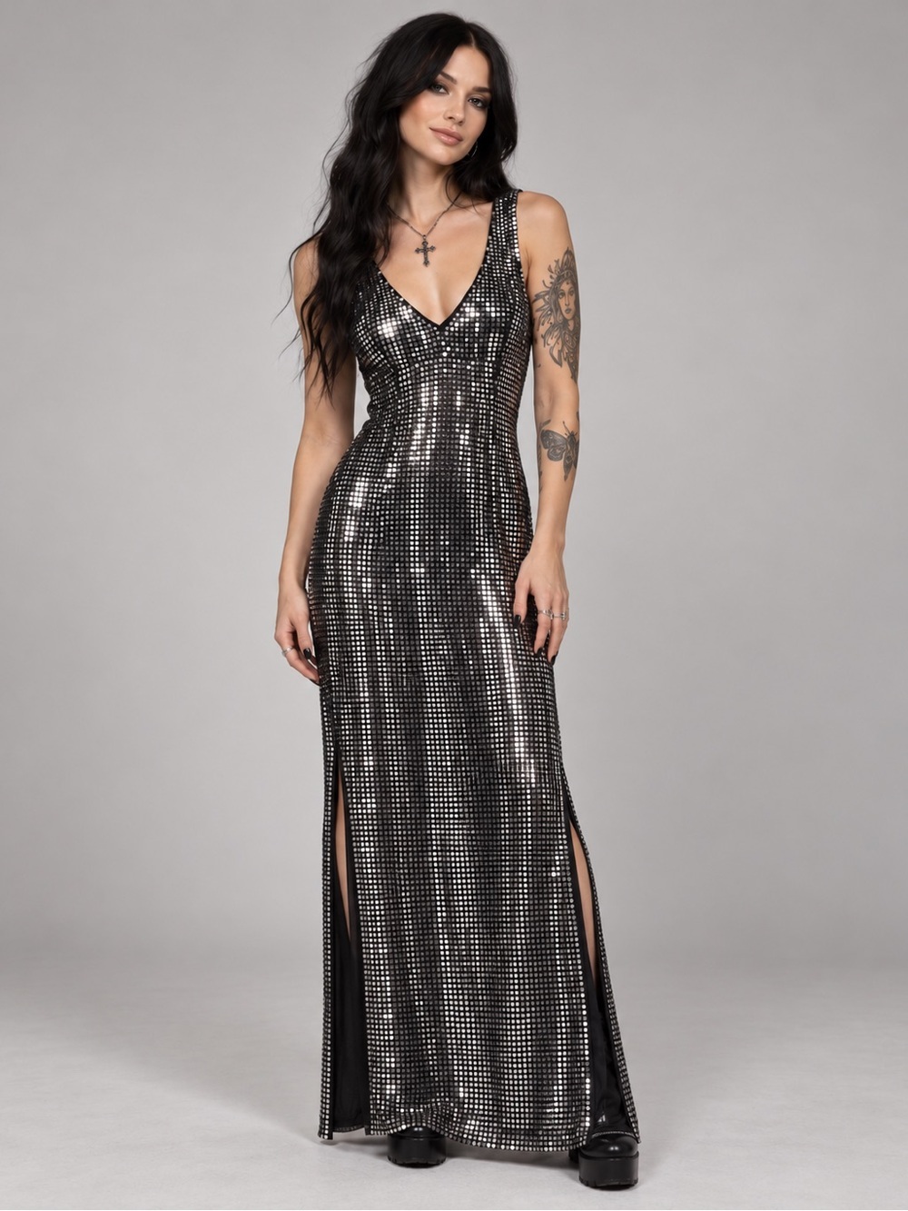 Vintage Lip Service Los Angeles Silver Mirror Disc Maxi Dress Goth Clubwear